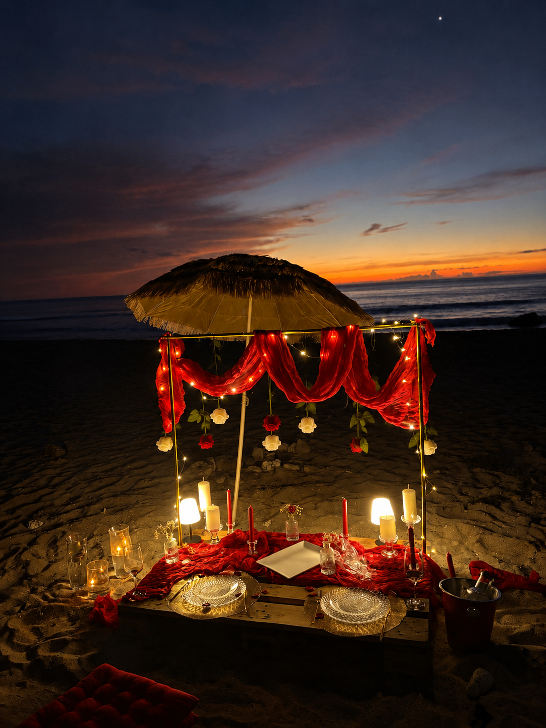 Installation de soirée au coucher du soleil avec lumières et mer