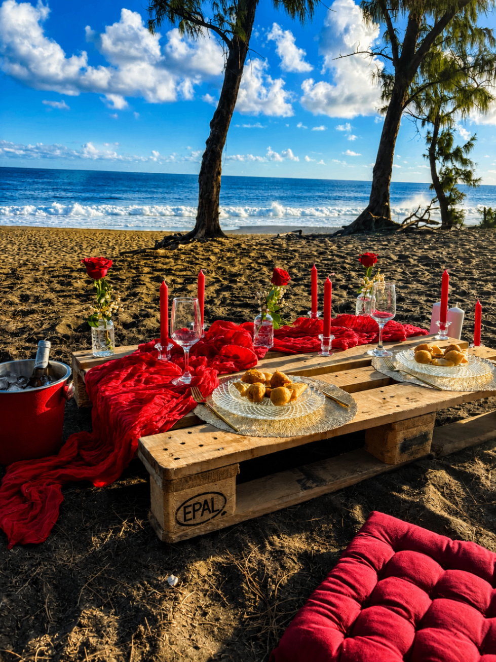Apéro sunset romantique sur la plage avec table rouge et océan