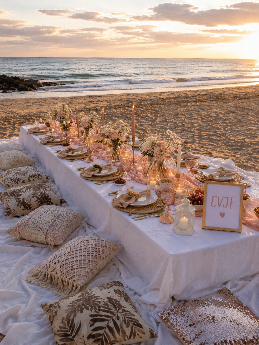 EVJF sur la plage au coucher du soleil avec table dressée rose et bougies